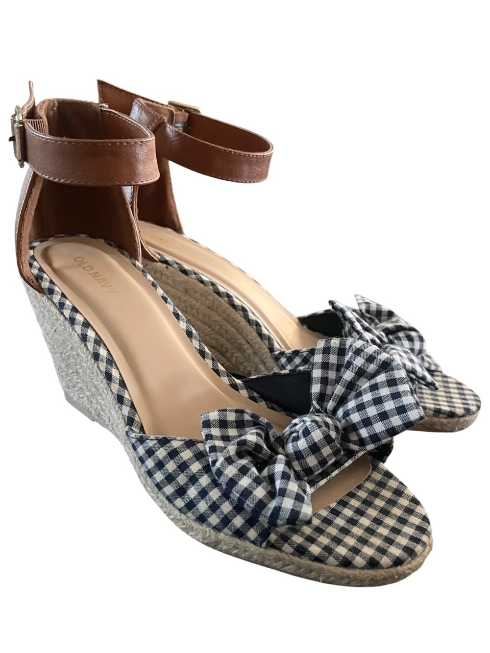 Old Navy Gingham Bow-Tie Espadrille Wedges navy and white checkered‎ bow 8.5